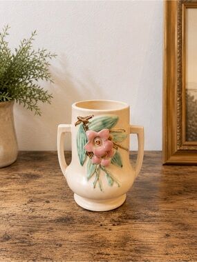 Vintage McCoy Double Handle Floral Vase | Pink Flower Art Pottery